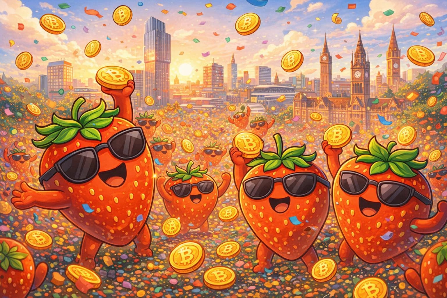 Strawberry community celebration with coins and confetti in Manchester