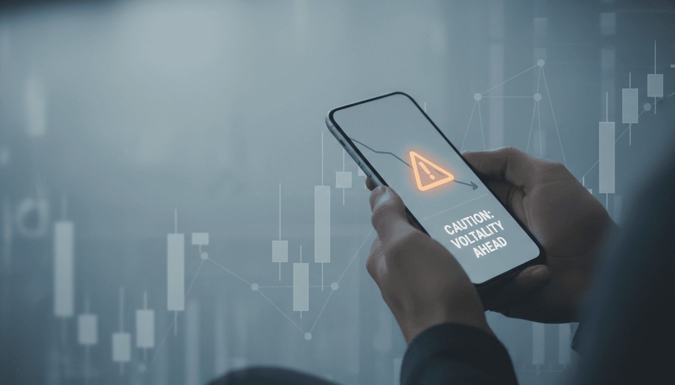 Person reviewing financial information on smartphone with warning symbol