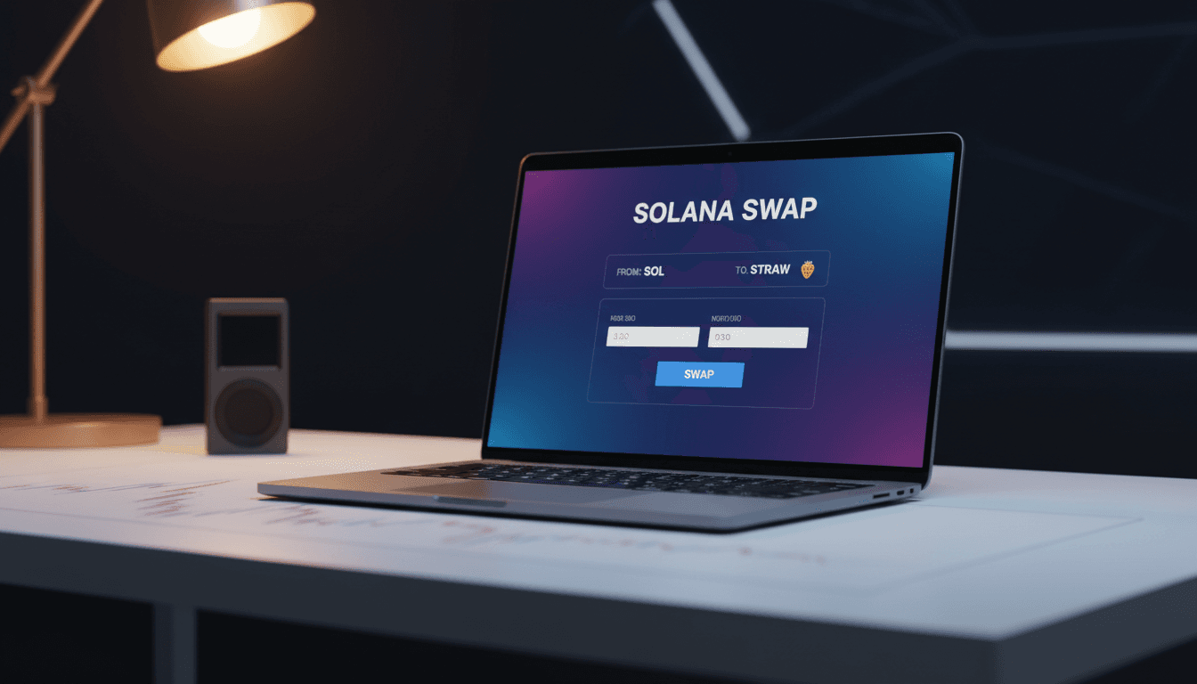 Laptop screen showing Solana swap interface for buying cryptocurrency tokens