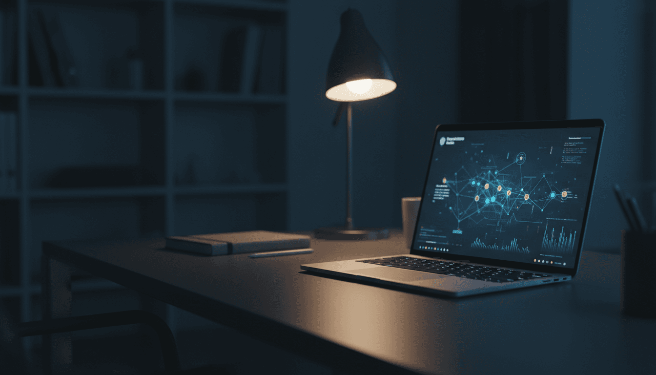 Professional cryptocurrency investment research workspace with laptop and financial analysis setup