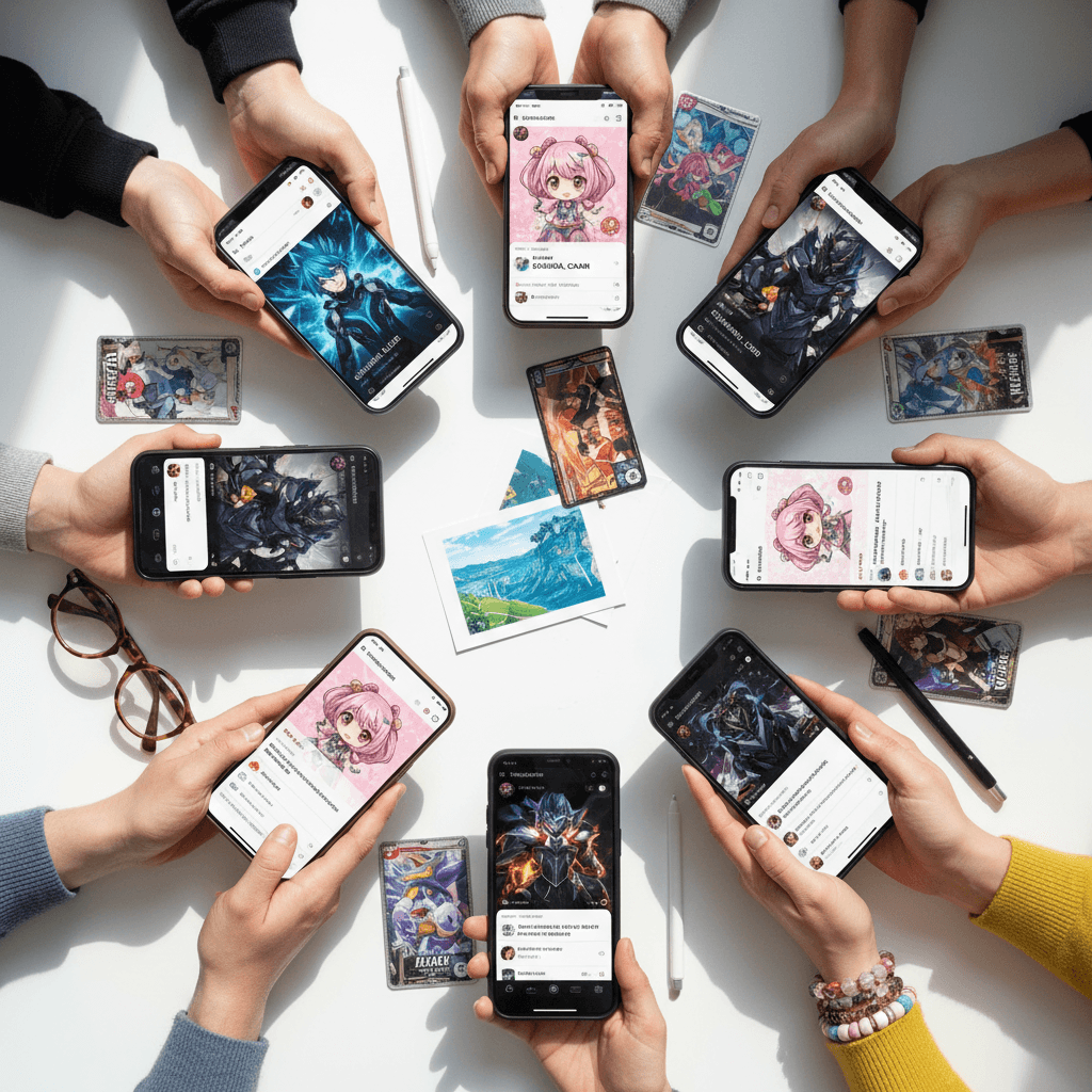 Overhead view of diverse group hands holding smartphones displaying personalized anime profiles arranged in circle formation
