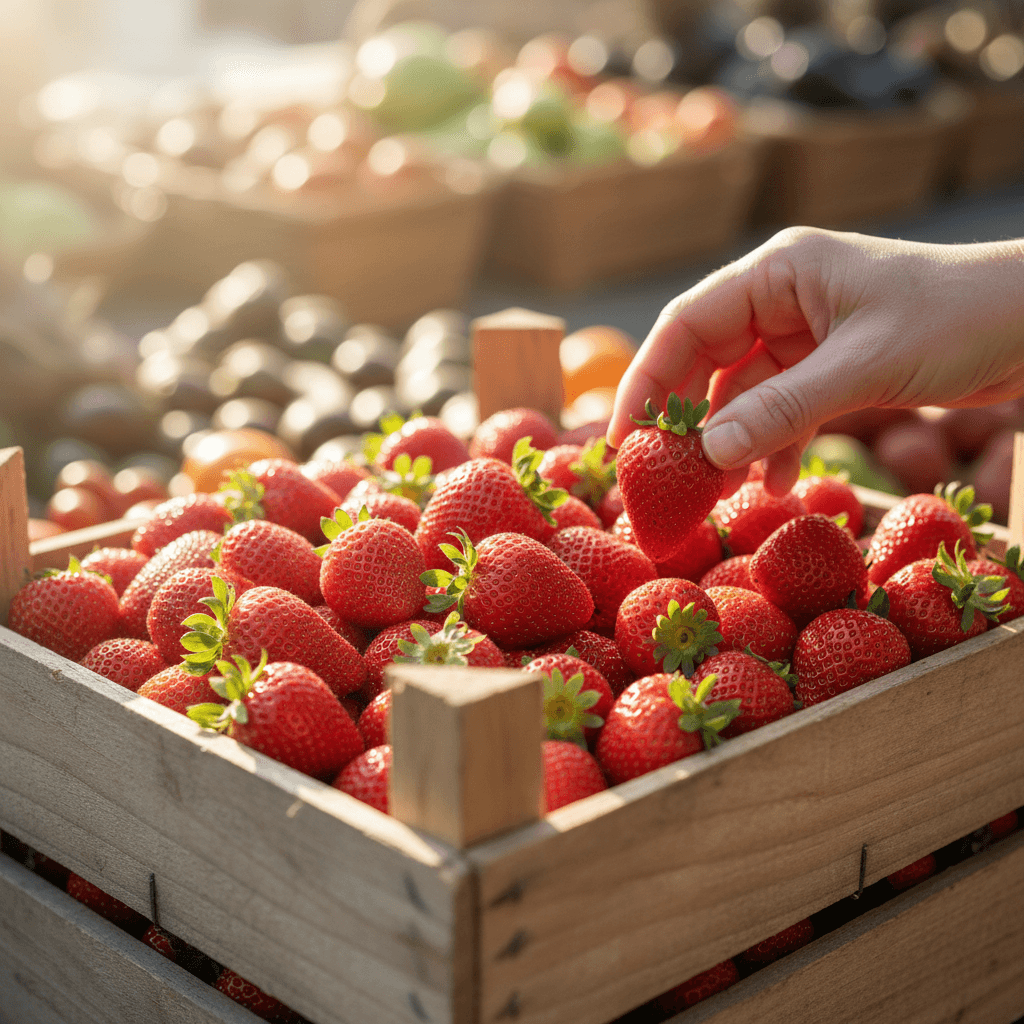 Customer hands selecting fresh ripe strawberries from wooden crate at produce market counter